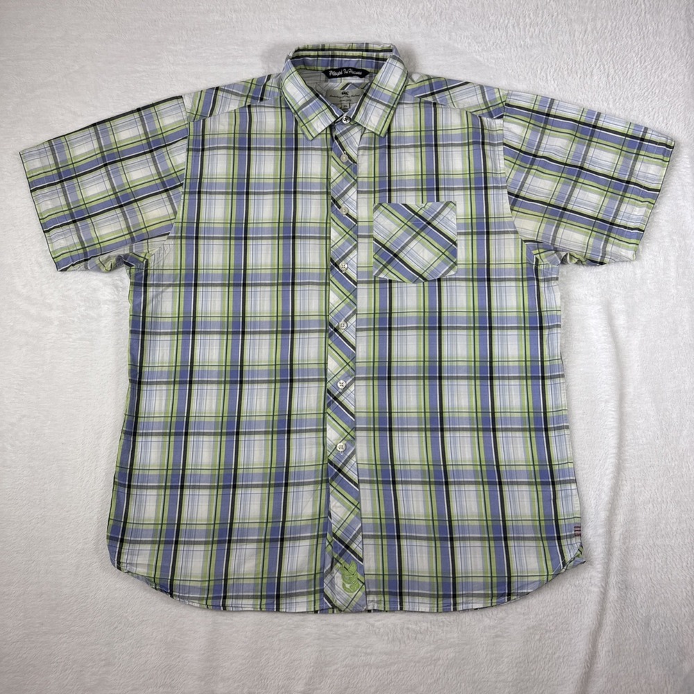 Canterbury of New Zealand Short Sleeve Men's Button‎ Up Green Blue Plaid Pocket